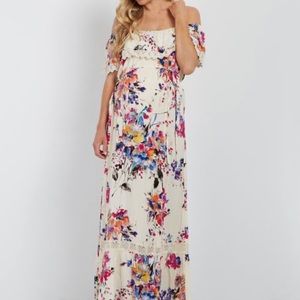 Pink blush maternity off the shoulder dress